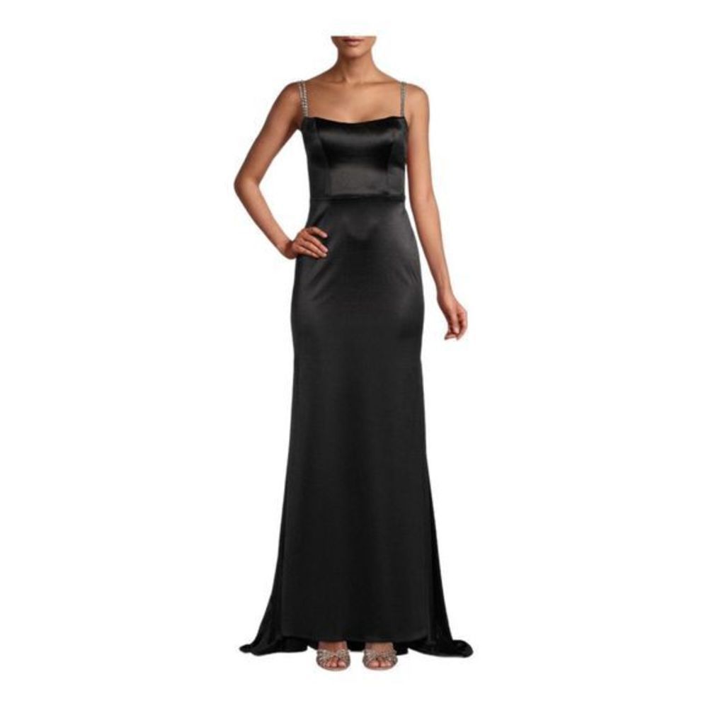 Ieena for Mac Duggal Crystal Strap Black Satin Gown Size 4 NWT